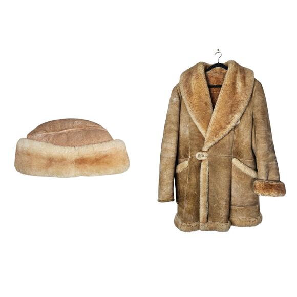 Vintage L Full Shearling Coat Hat Western Warm Sherpa Brown Ski Snow Fuzzy Fur - Picture 1 of 9